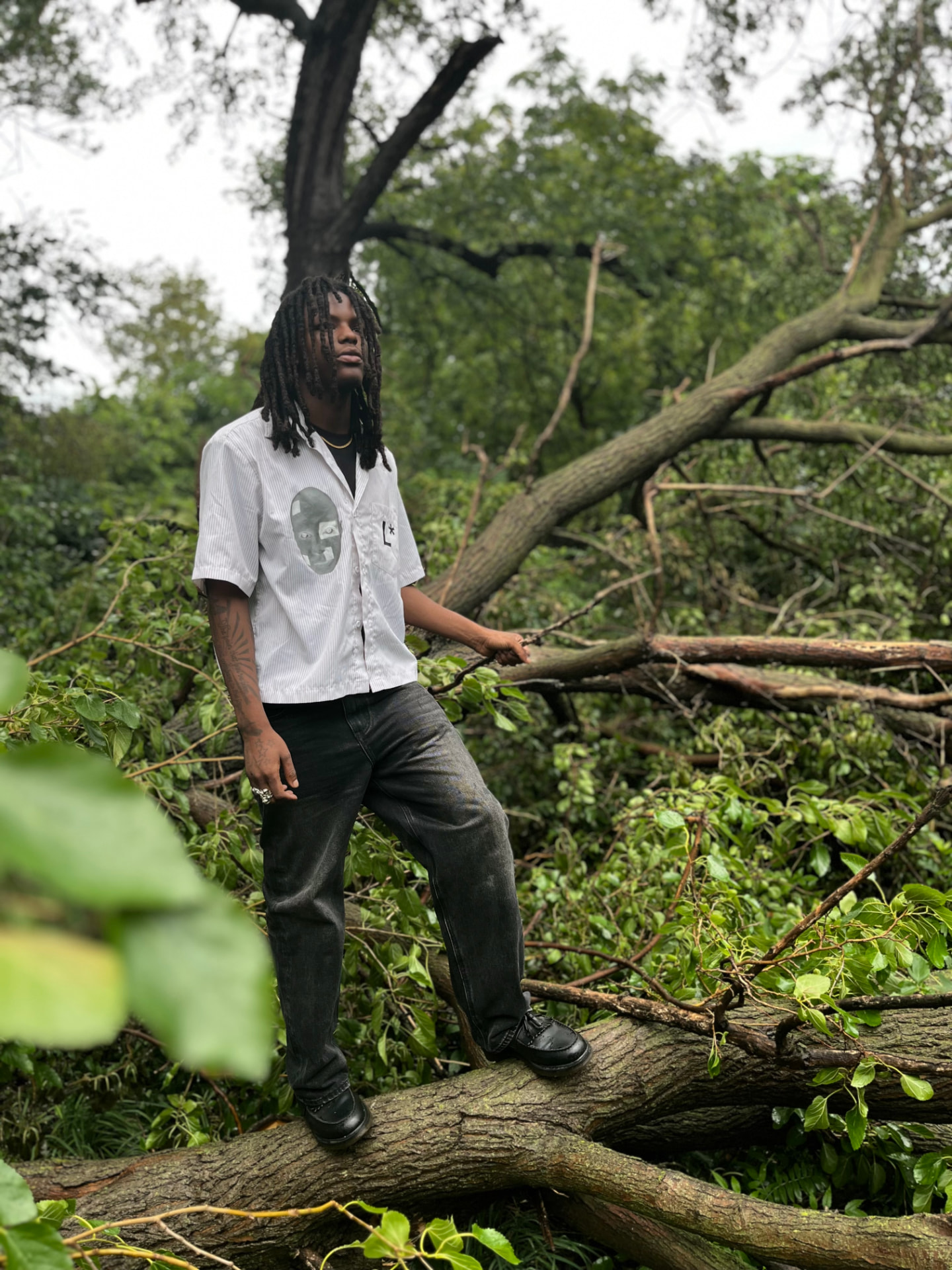 la*mar striped shirt and denim in the woods
